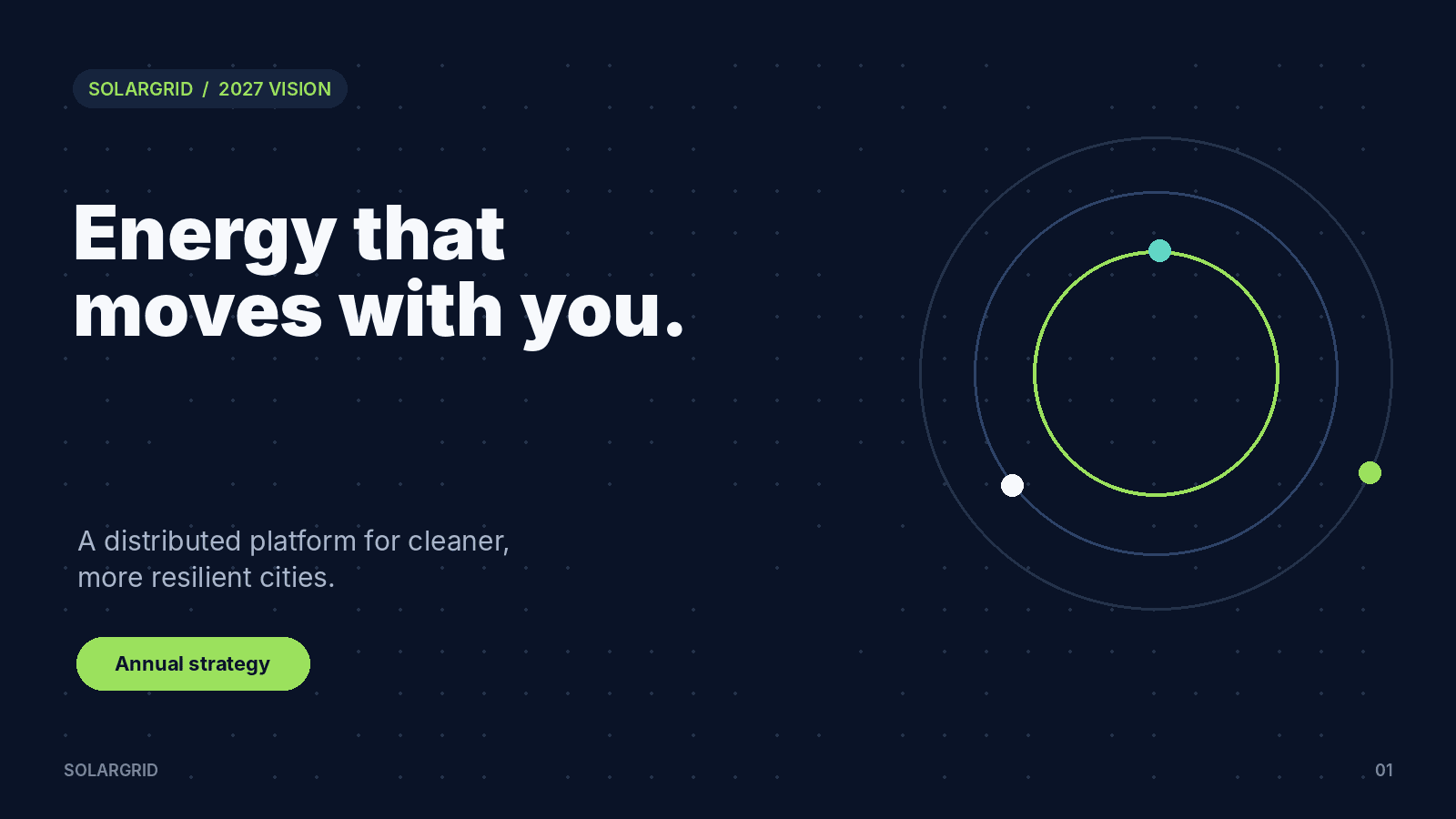 A dark title slide reading 'Energy that moves with you', with an orbital diagram.