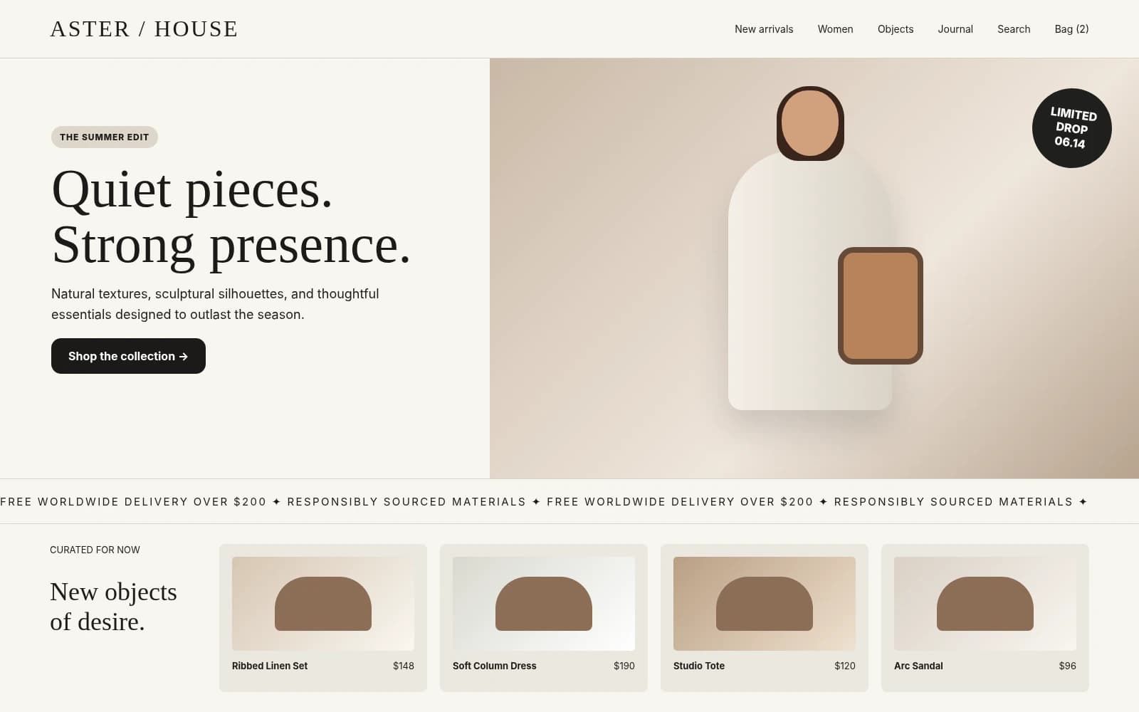 A fashion store front page with a lookbook and shoppable product cards.