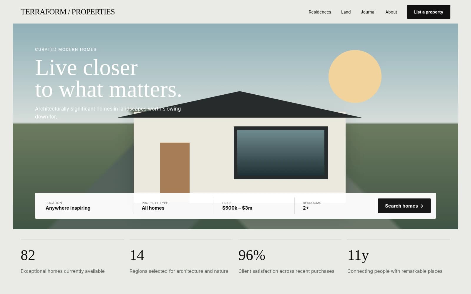 An architecture practice site listing properties with plans and specifications.