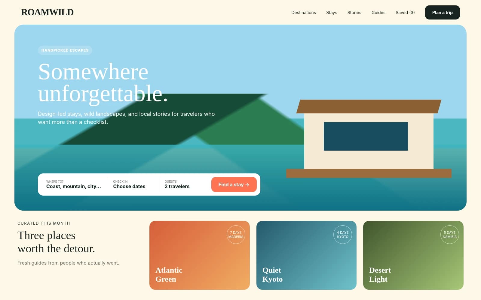 A travel booking flow with destination search, dates and trip cards.