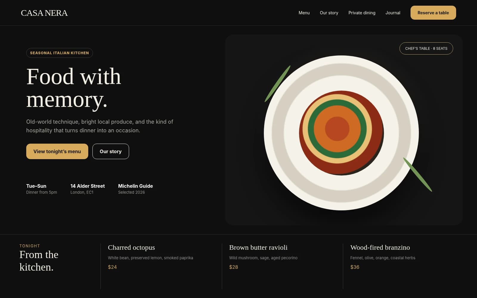 A restaurant site with the menu, opening hours and a reservation form.