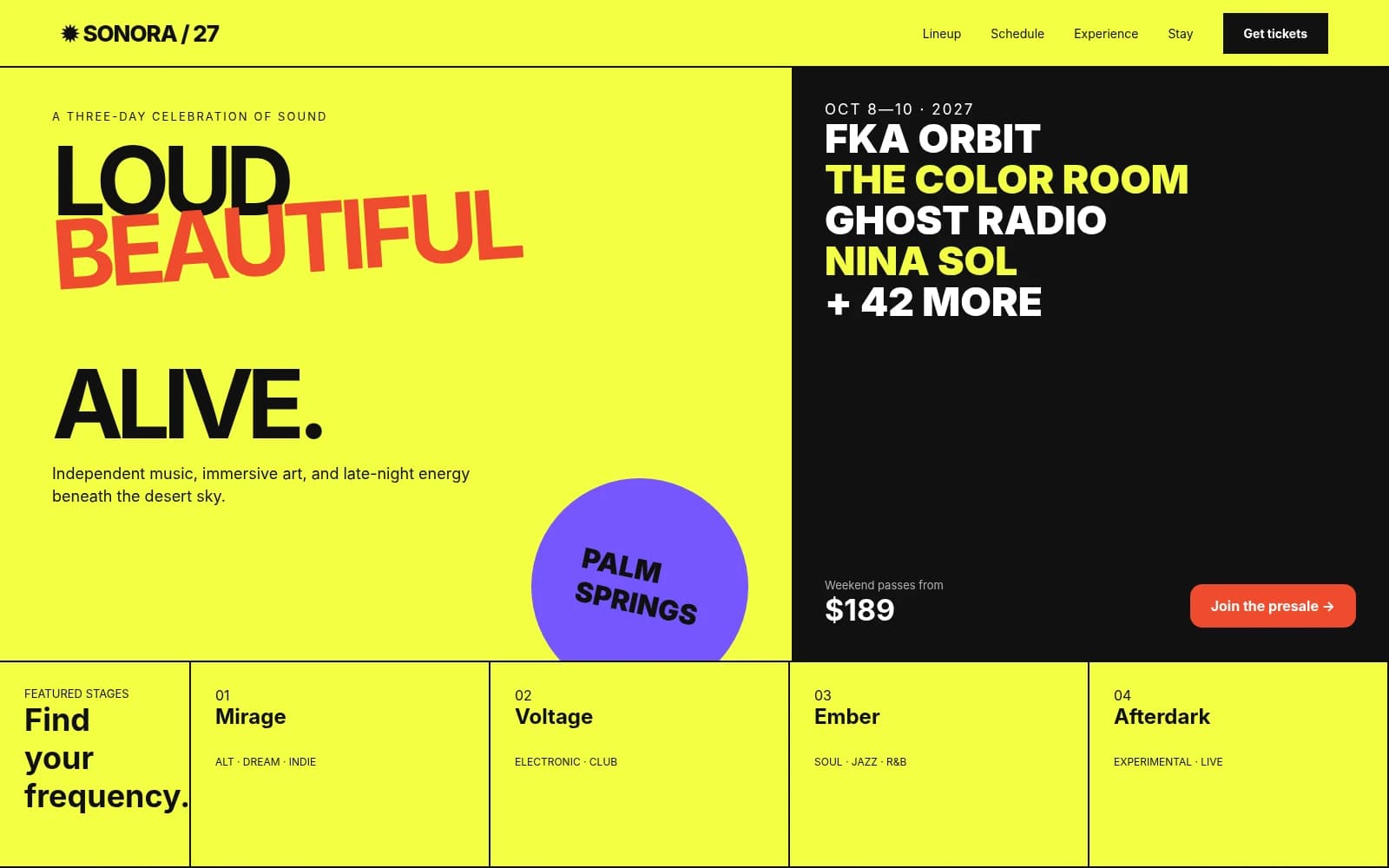 A music festival page with the line-up, stage times and ticket tiers.