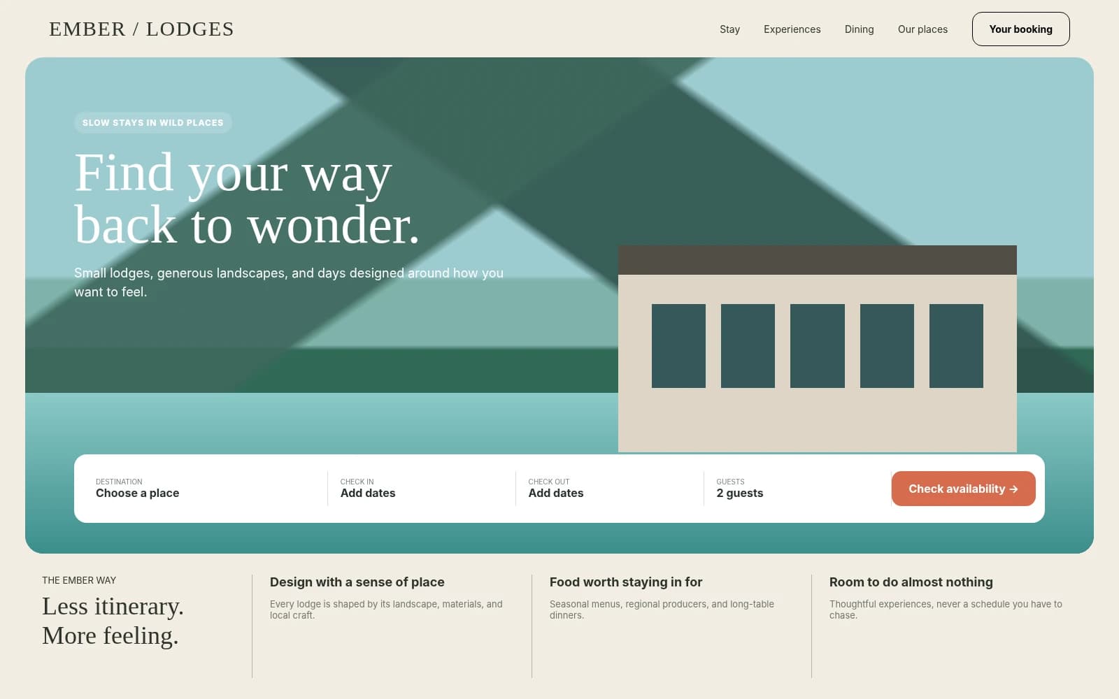 A lodge booking site with availability, room types and nightly rates.