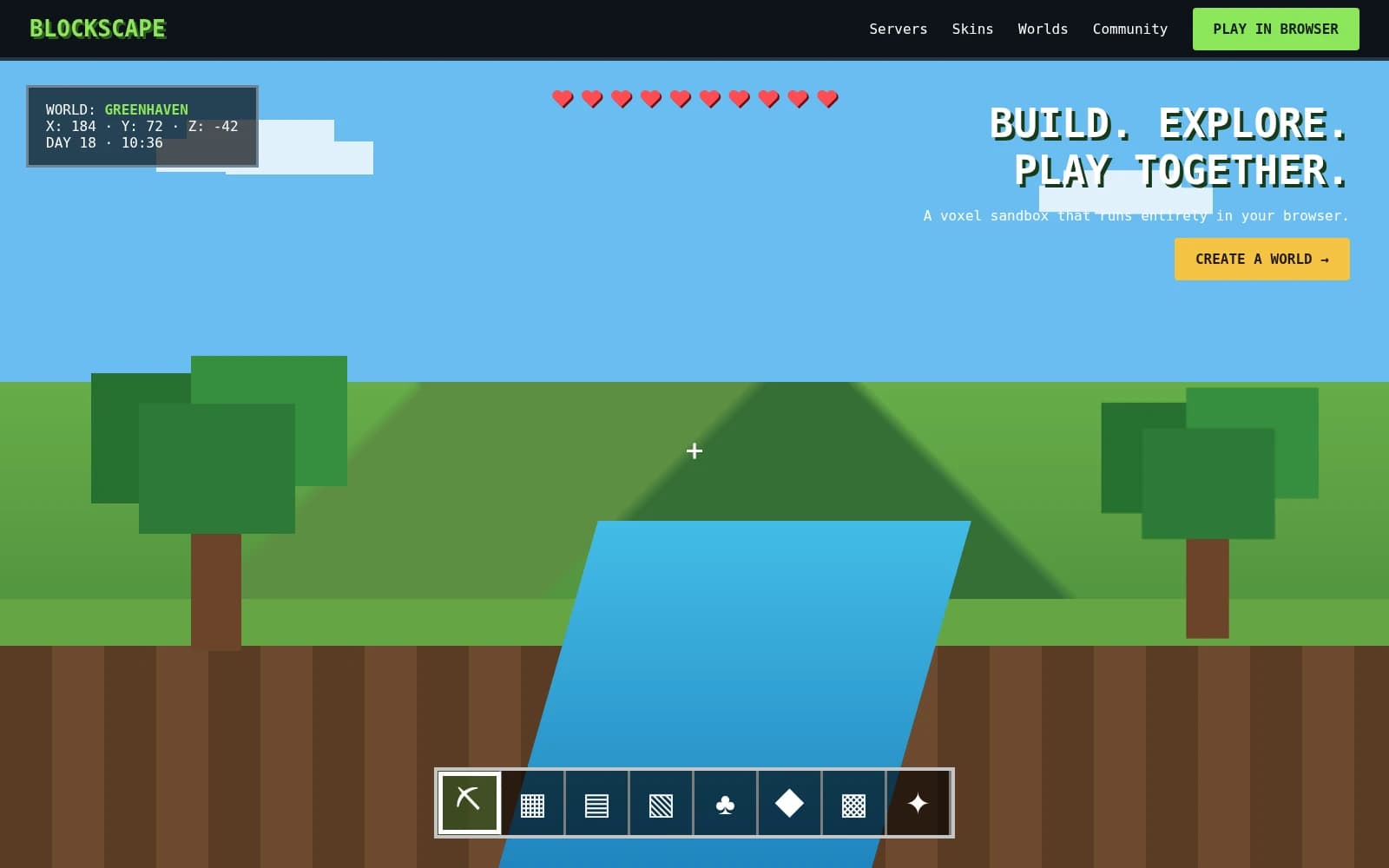 A voxel sandbox game running in the browser, with a build palette.