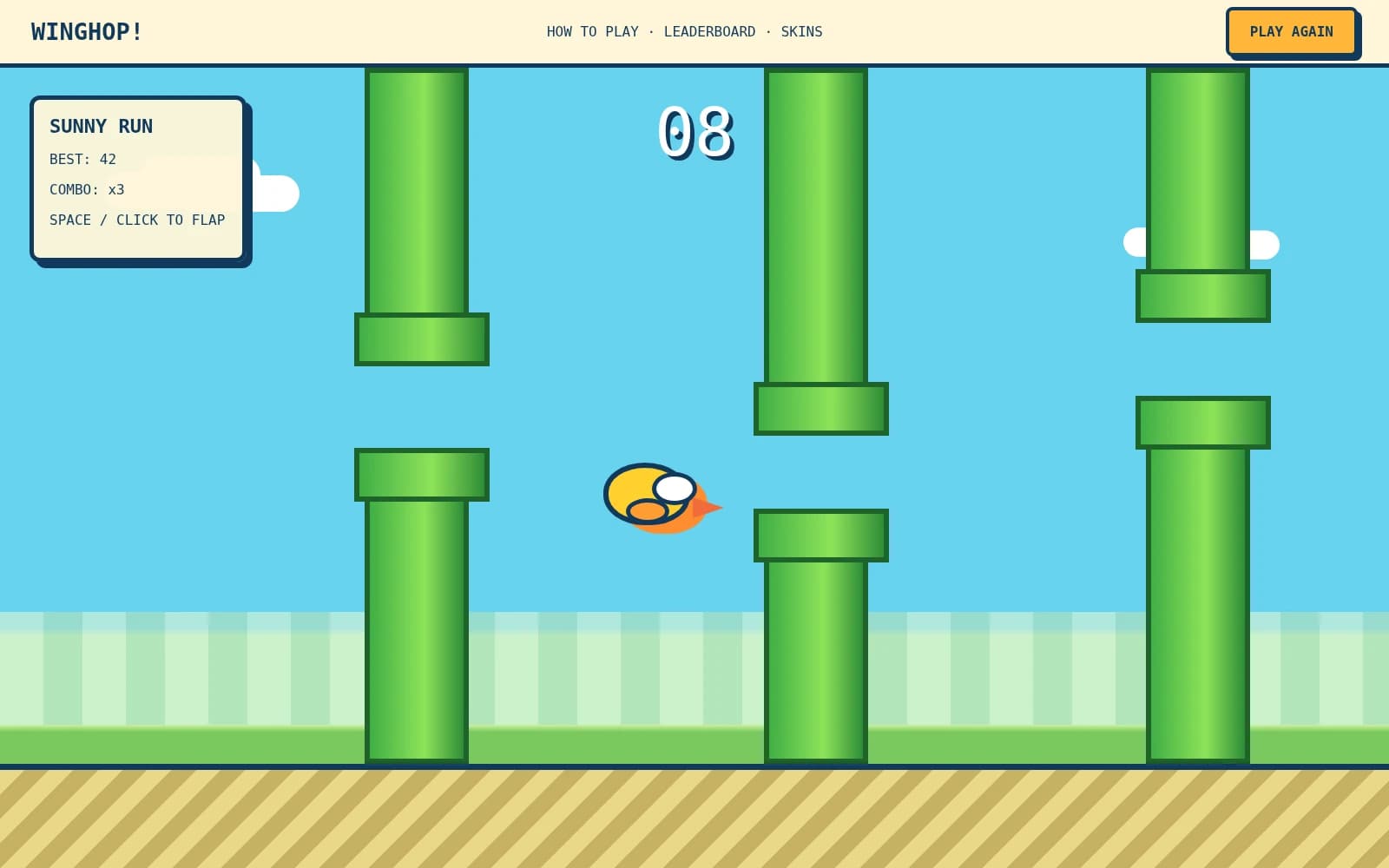A side-scrolling browser game with score, lives and a restart control.