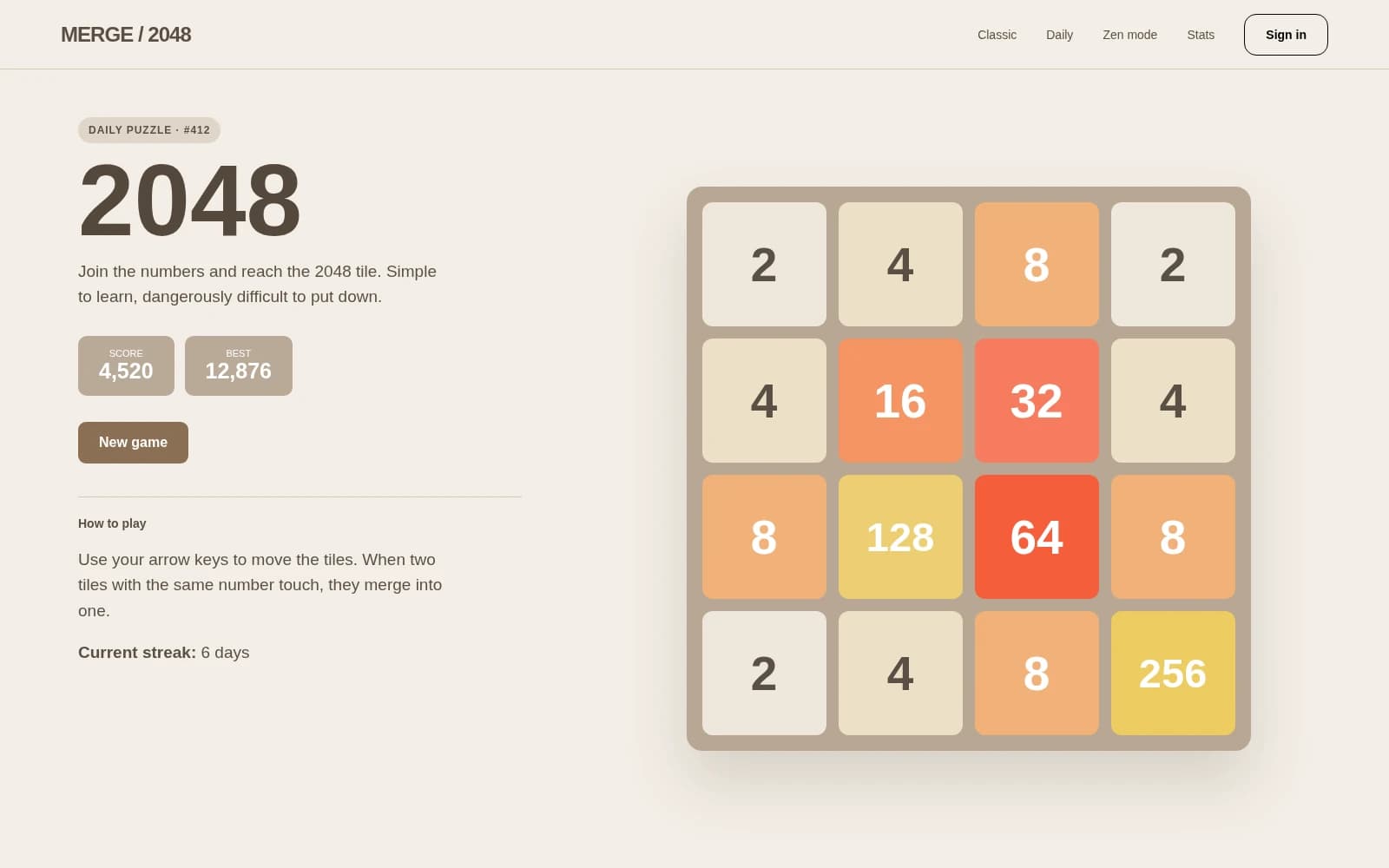 A 2048-style tile puzzle with a score counter and undo.