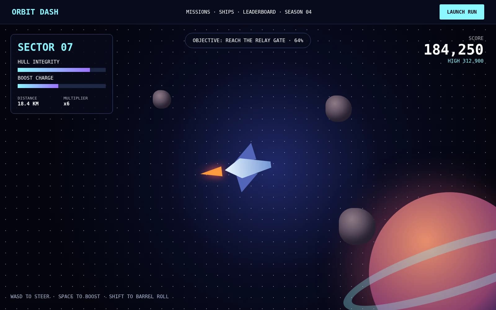 A space runner game with a boost meter, distance counter and high score.