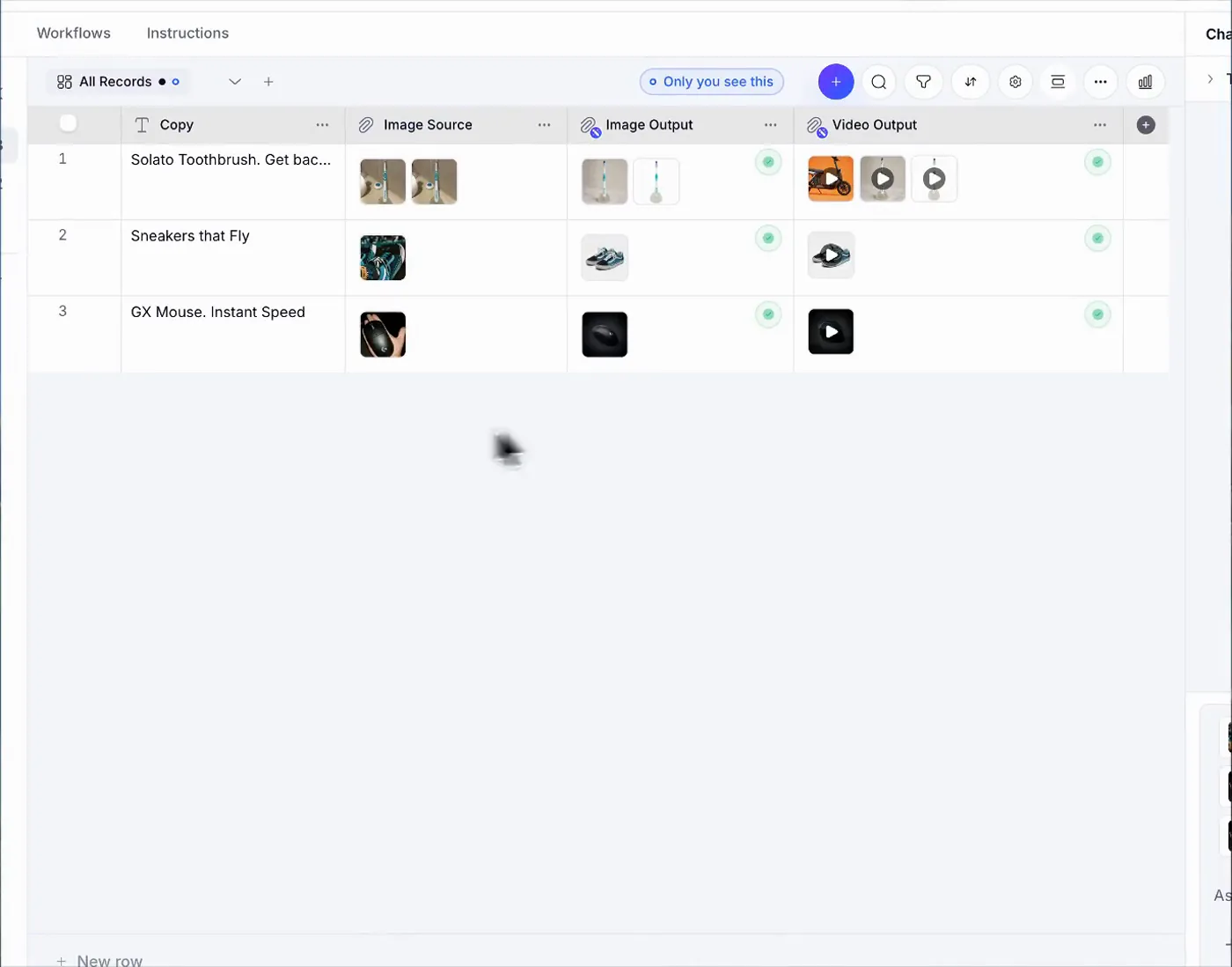A collection table where an image column and a video column fill themselves in for each product row.