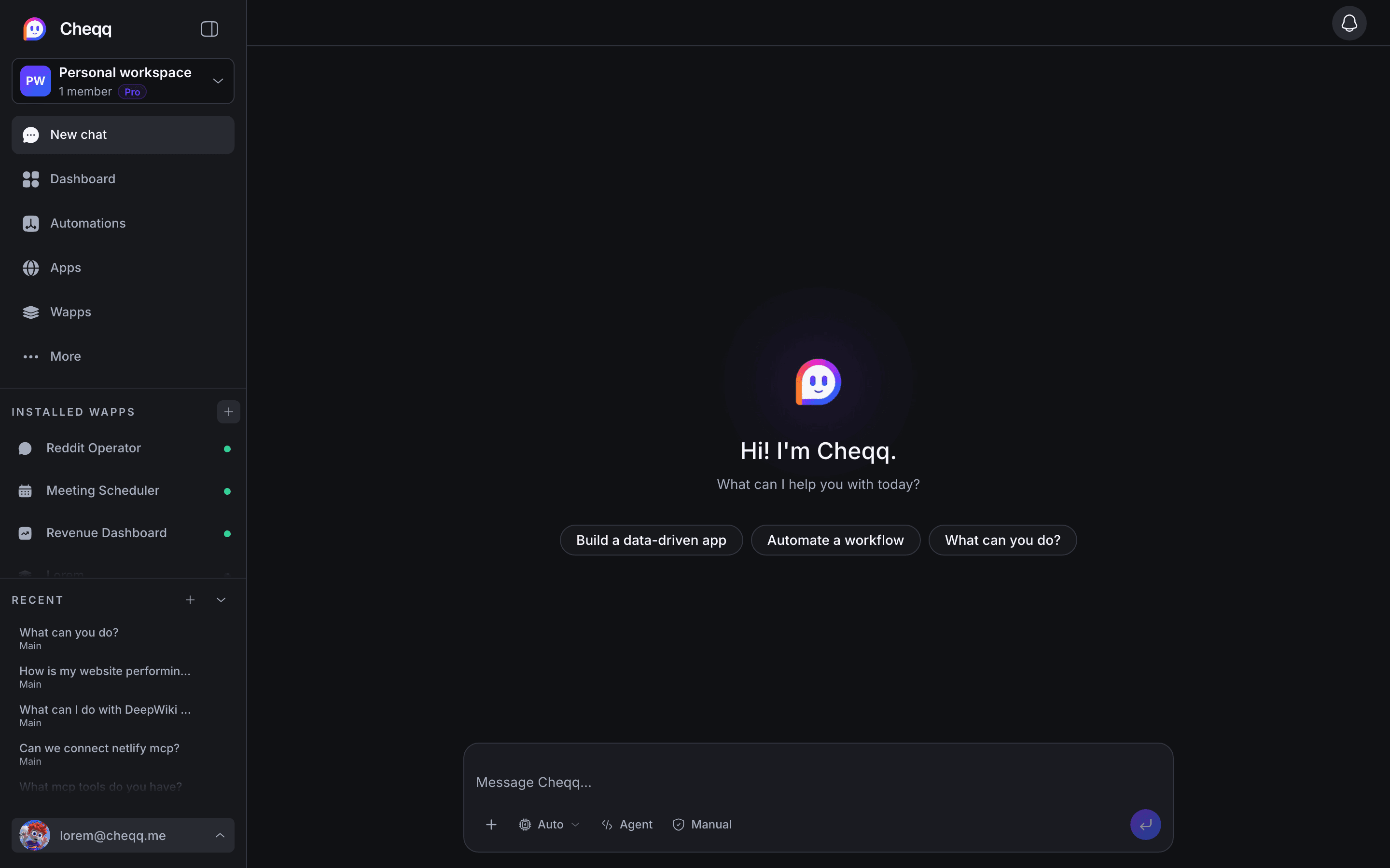 The Cheqq chat surface, where you describe what you need and the agent builds it.