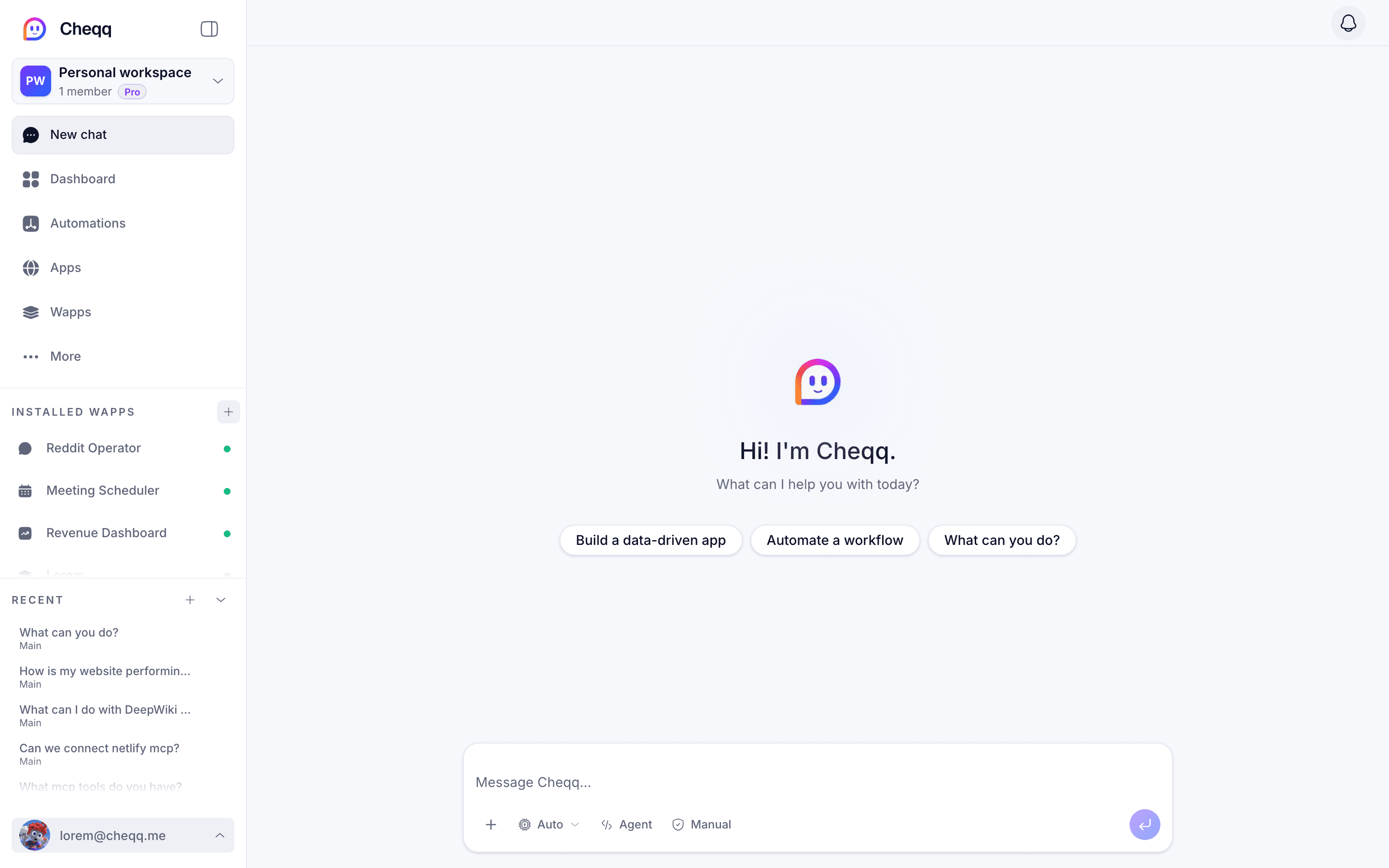 The Cheqq chat surface, where you describe what you need and the agent builds it.