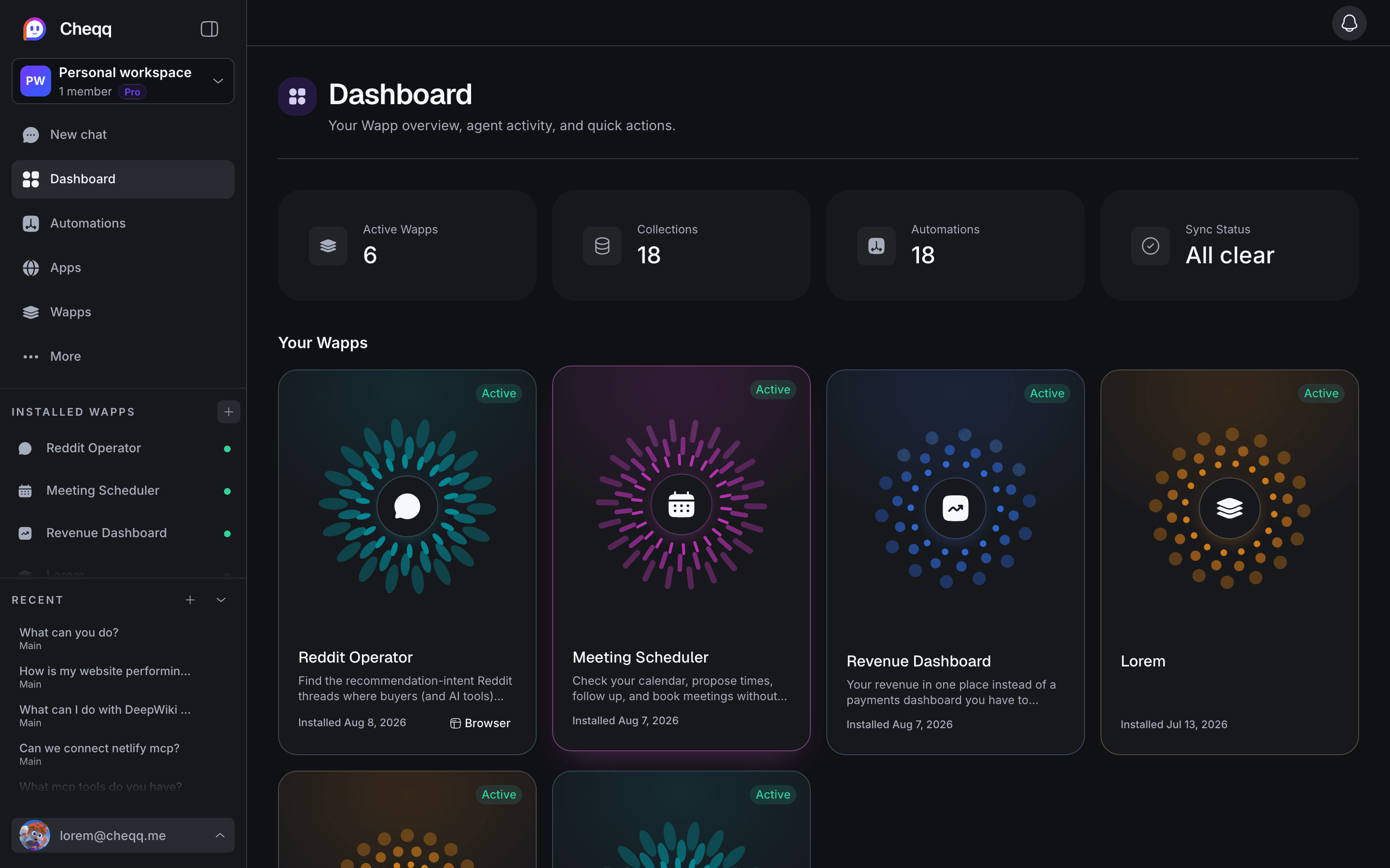 A Cheqq workspace dashboard showing active Wapps, collection and automation counts, and sync status.