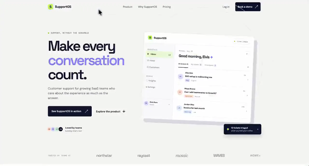 A SupportOS landing page being built from a request in chat — inspected, implemented, type-checked and previewed — then deployed live at its own address.