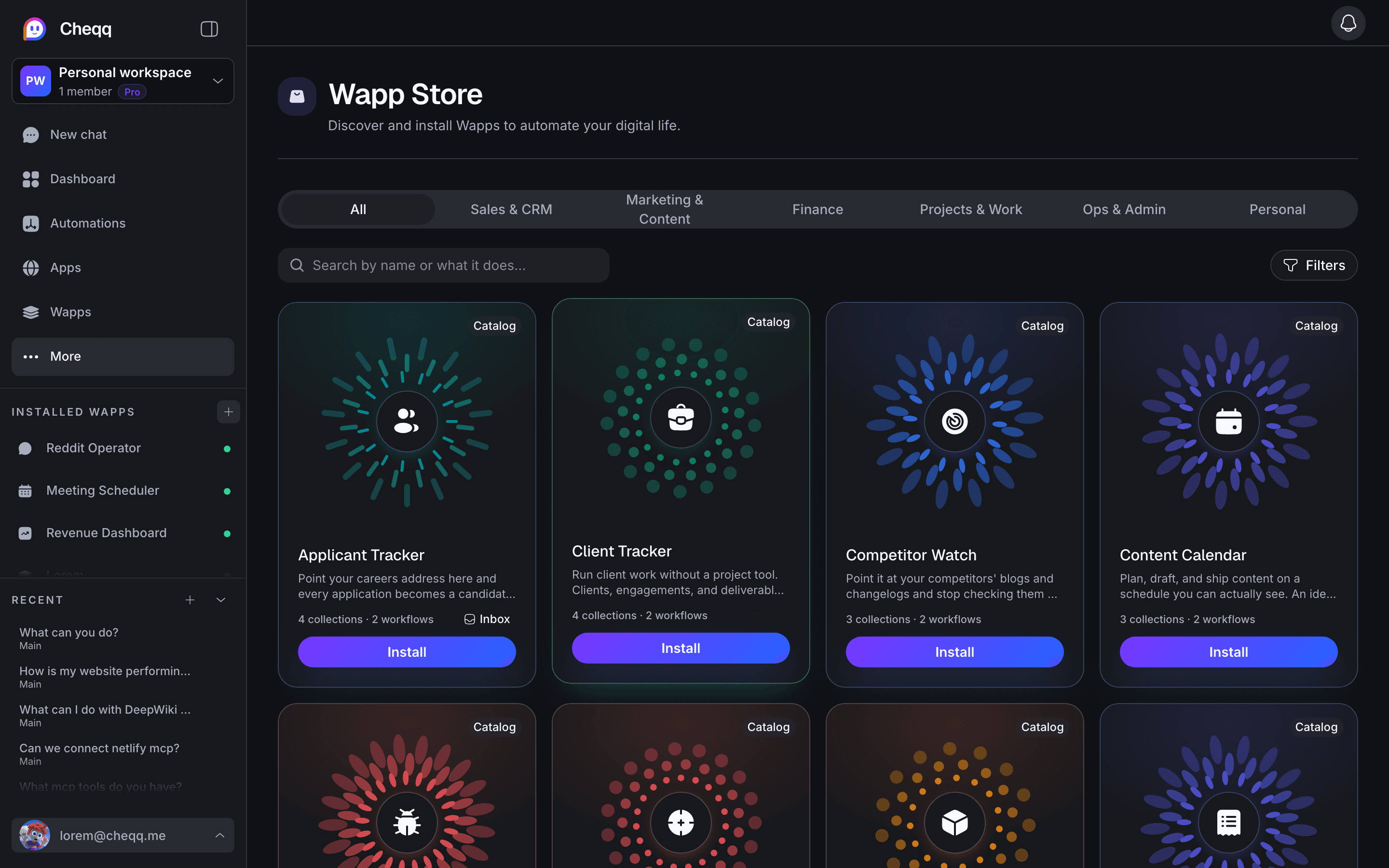The Wapp store, listing ready-to-install Wapps with the collections and workflows each one ships with.