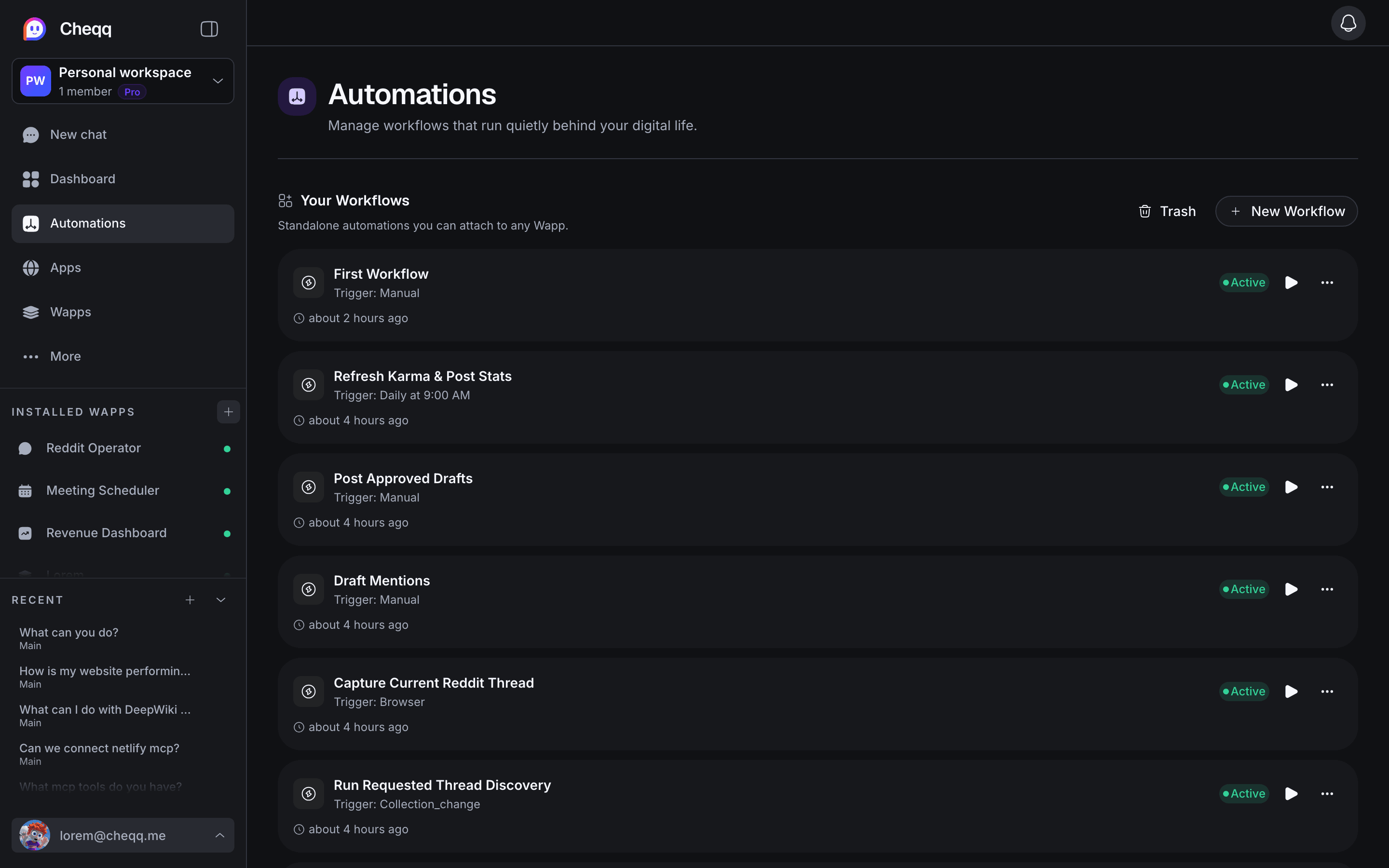 The automations screen, listing workflows with their triggers and run history.