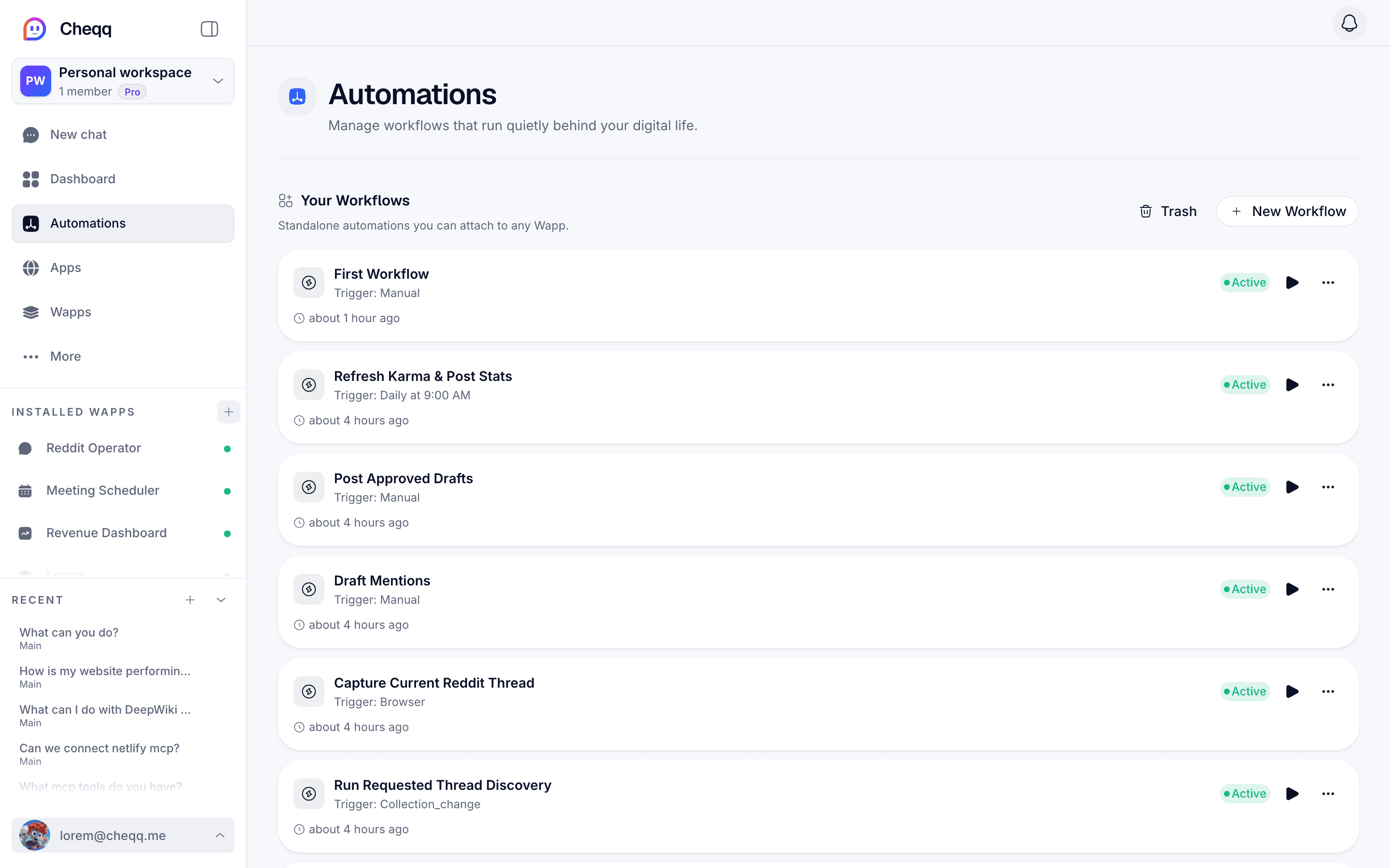 The automations screen, listing workflows with their triggers and run history.